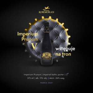 Czarna satynowa butelka piwa Imperium Prunum 2020 na tle oparcia tronu w kształcie kapsla